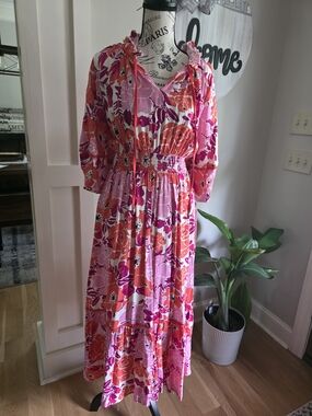 Entro Pink and Orange Floral Midi Dress-NWT